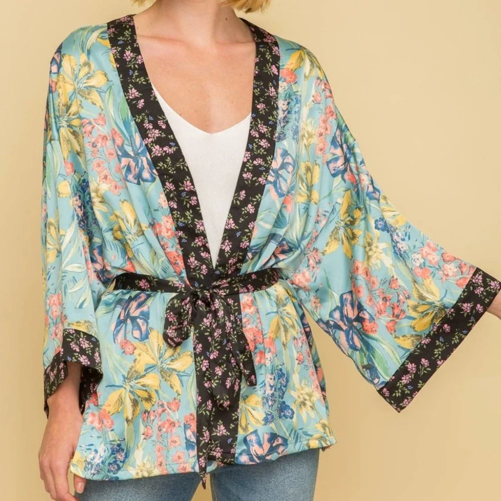 Blue/Green Floral Tie Kimono w Black Floral Trim S/M - Picture 1 of 1